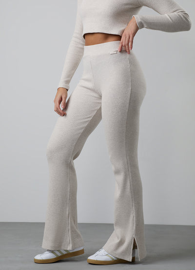 Gym King Serenity Rib Flared Split Hem Trouser - Light Oatmeal Marl