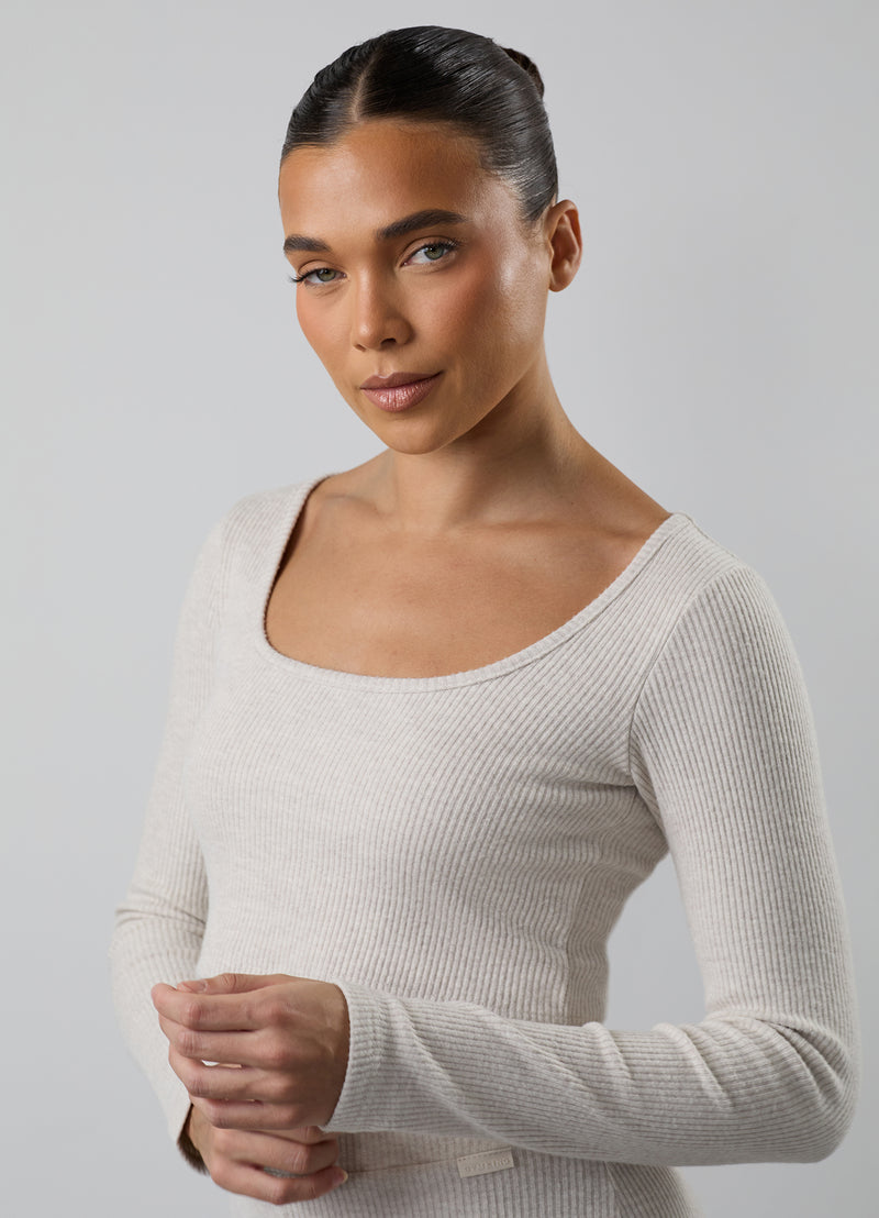 Gym King Serenity Rib Square Neck Long Sleeve Tee - Light Oatmeal Marl