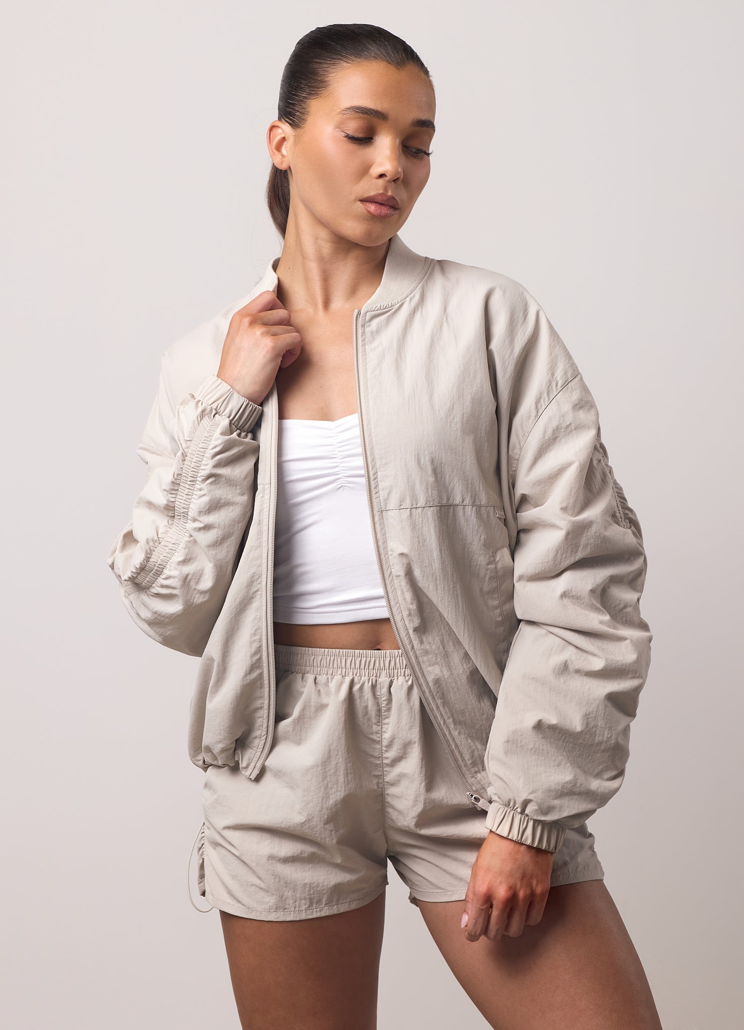 Gym King Ruched Woven Bomber Tracksuit - Light Stone
