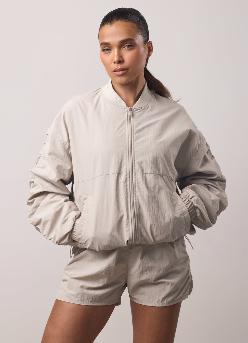 Gym King Ruched Woven Bomber - Light Stone
