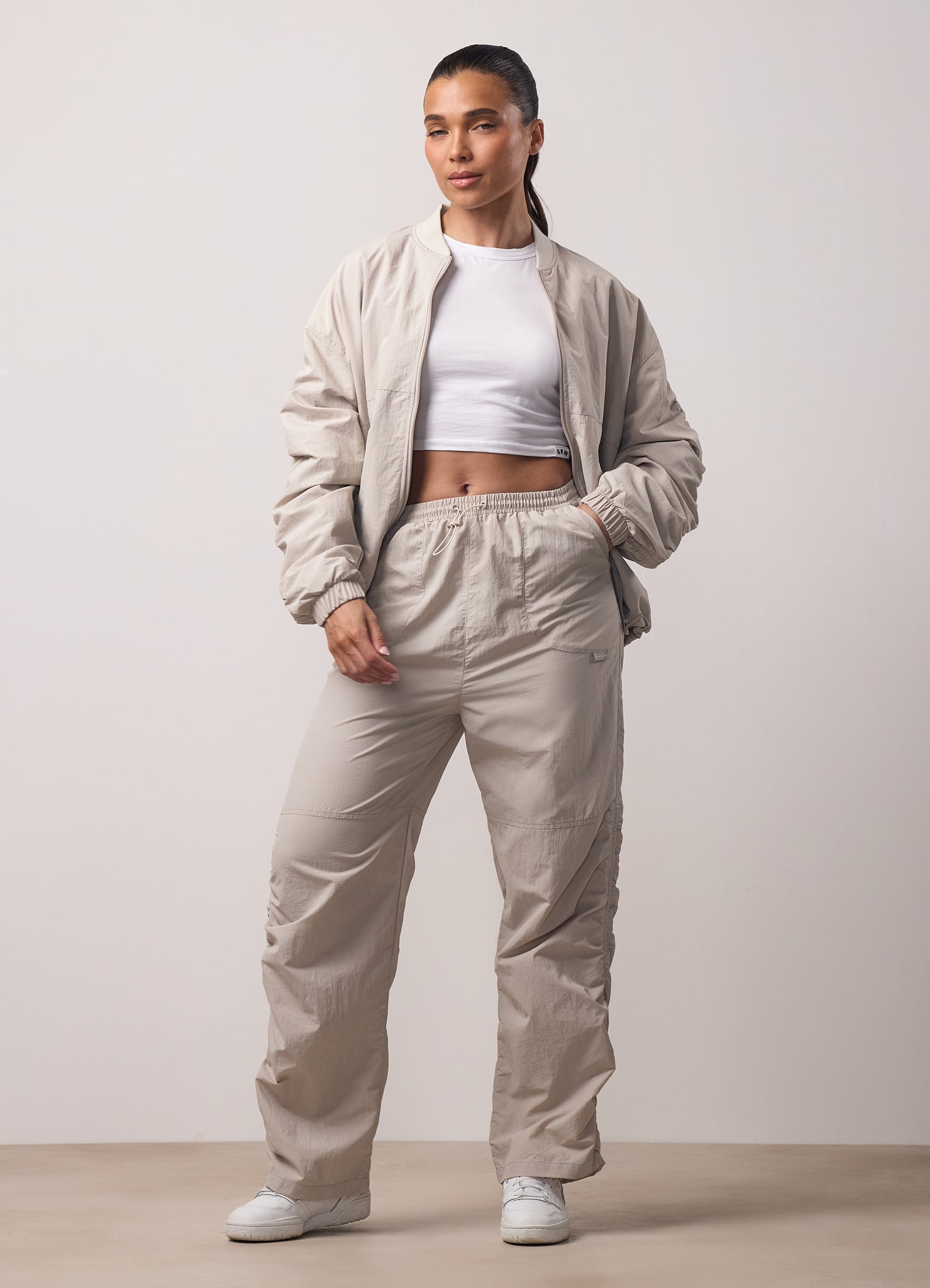 Gym King Ruched Woven Bomber Tracksuit - Light Stone