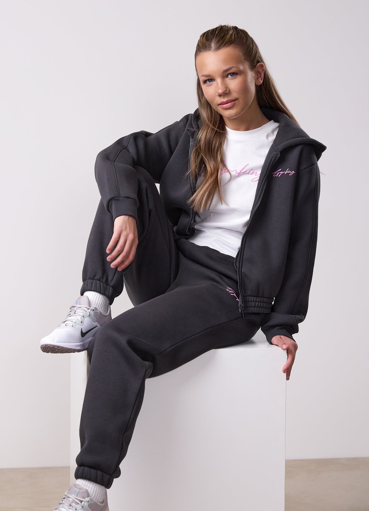 Gym King Kids Script Full Zip Crop Tracksuit - Dark Pewter