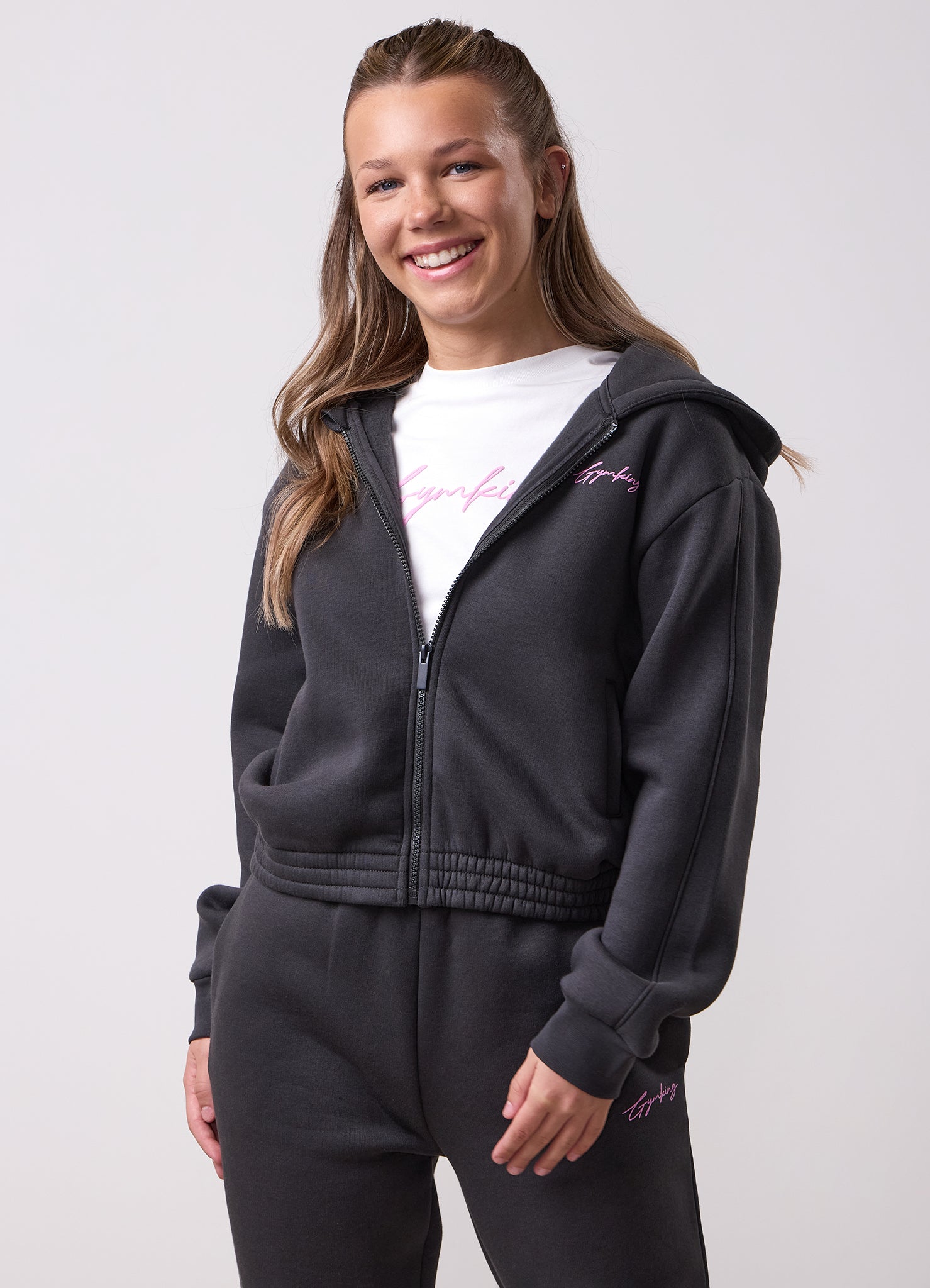 Gym King Kids Script Full Zip Crop Tracksuit - Dark Pewter