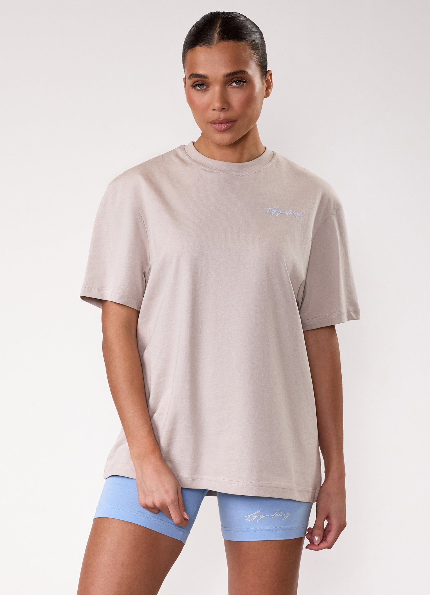 Gym King Script Mindset Boyfriend Tee - Light Stone/Sky Blue
