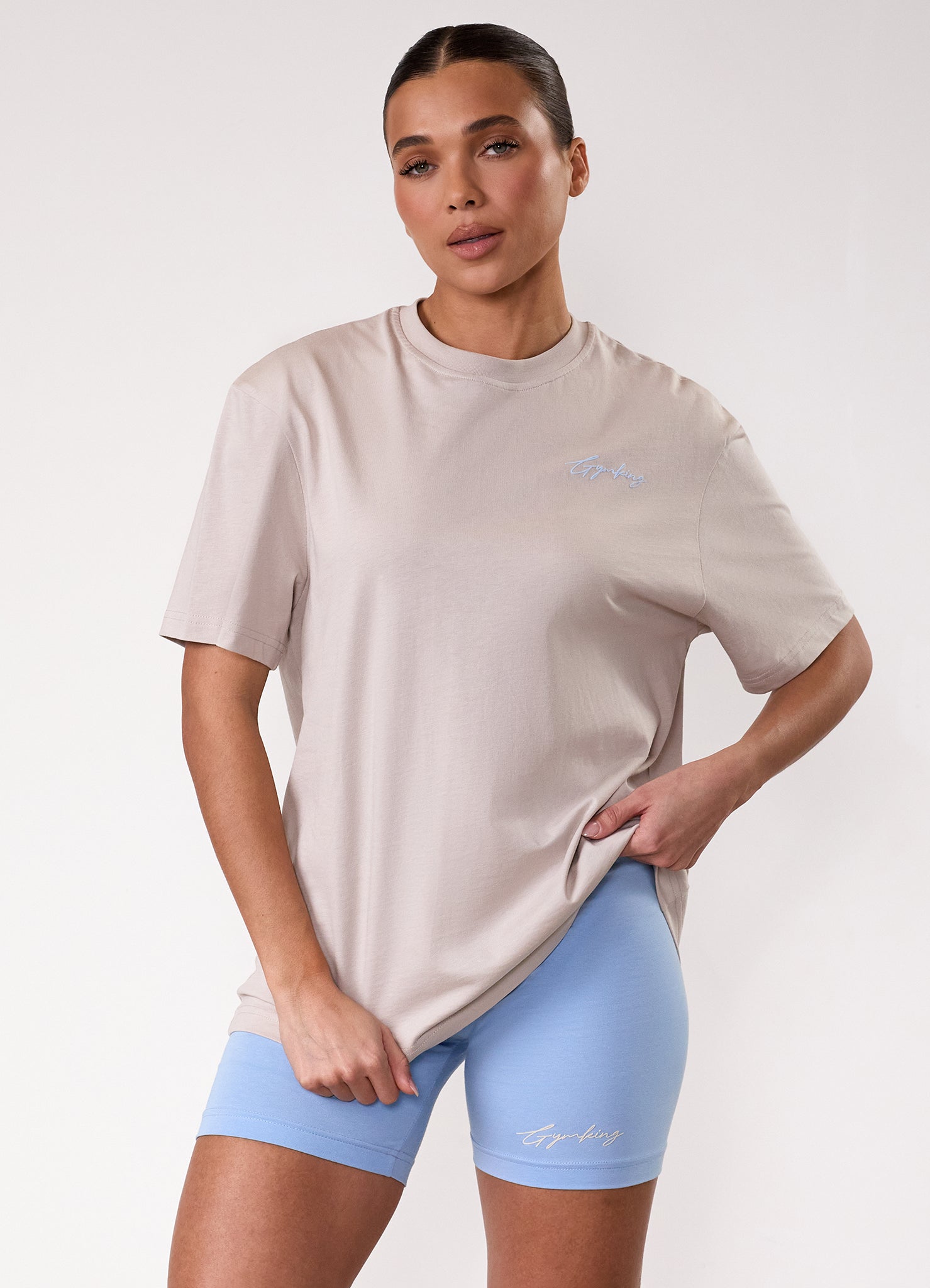 Gym King Script Mindset Boyfriend Tee - Light Stone/Sky Blue
