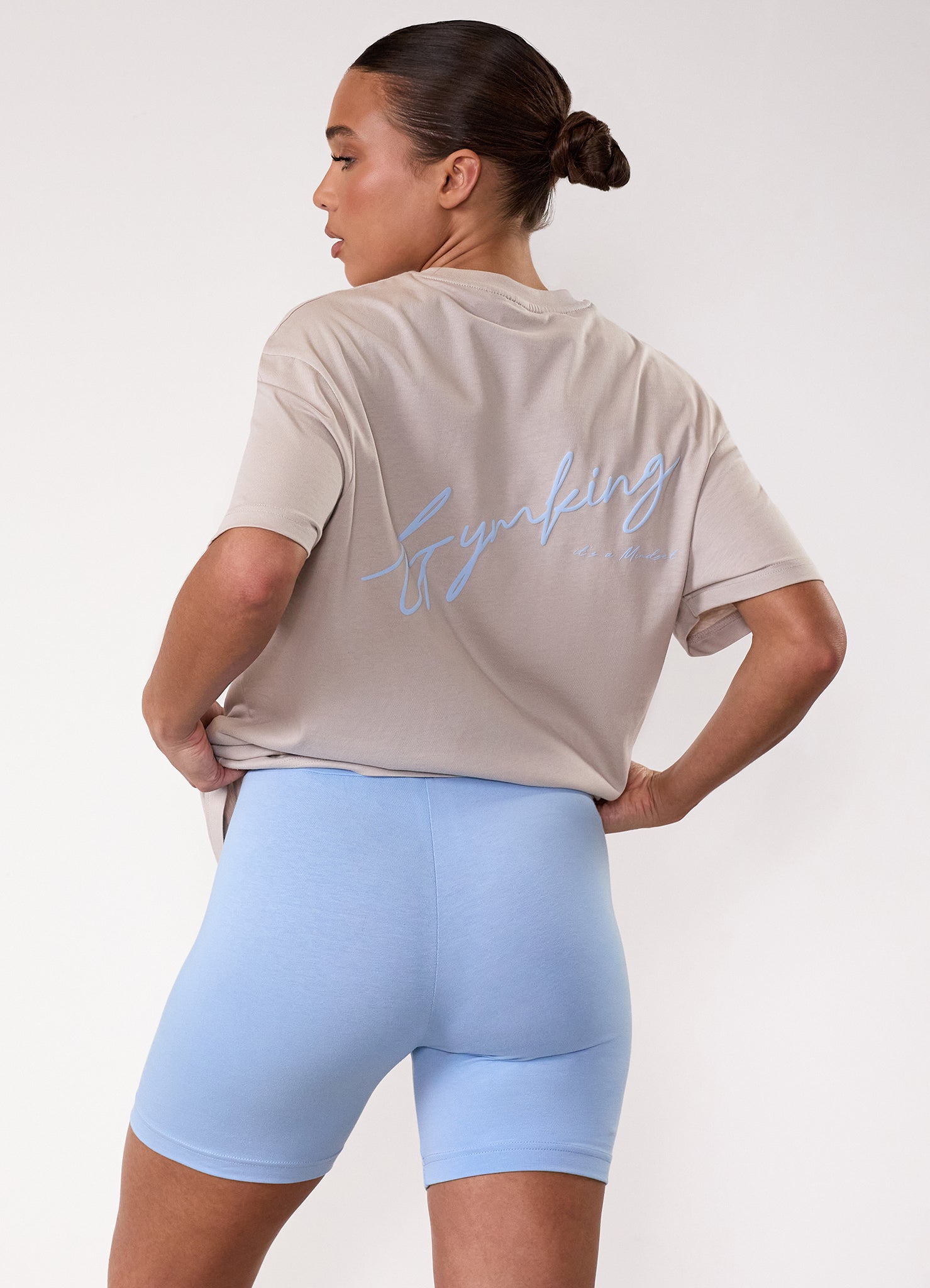 Gym King Script Mindset Boyfriend Tee - Light Stone/Sky Blue