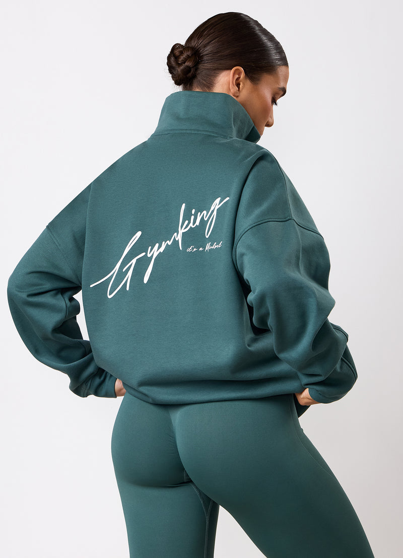 Gym King Script Mindset 1/4 Zip Funnel - Pine Green