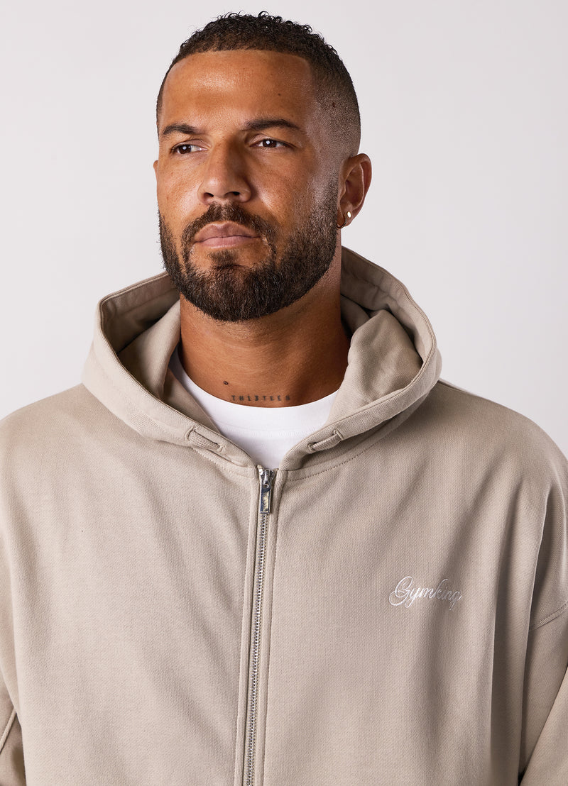 Gym King Script Relaxed Fit Full Zip Hood - Light Sand