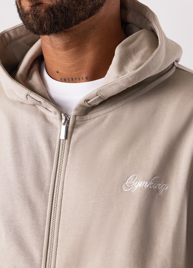 Gym King Script Relaxed Fit Full Zip Hood - Light Sand