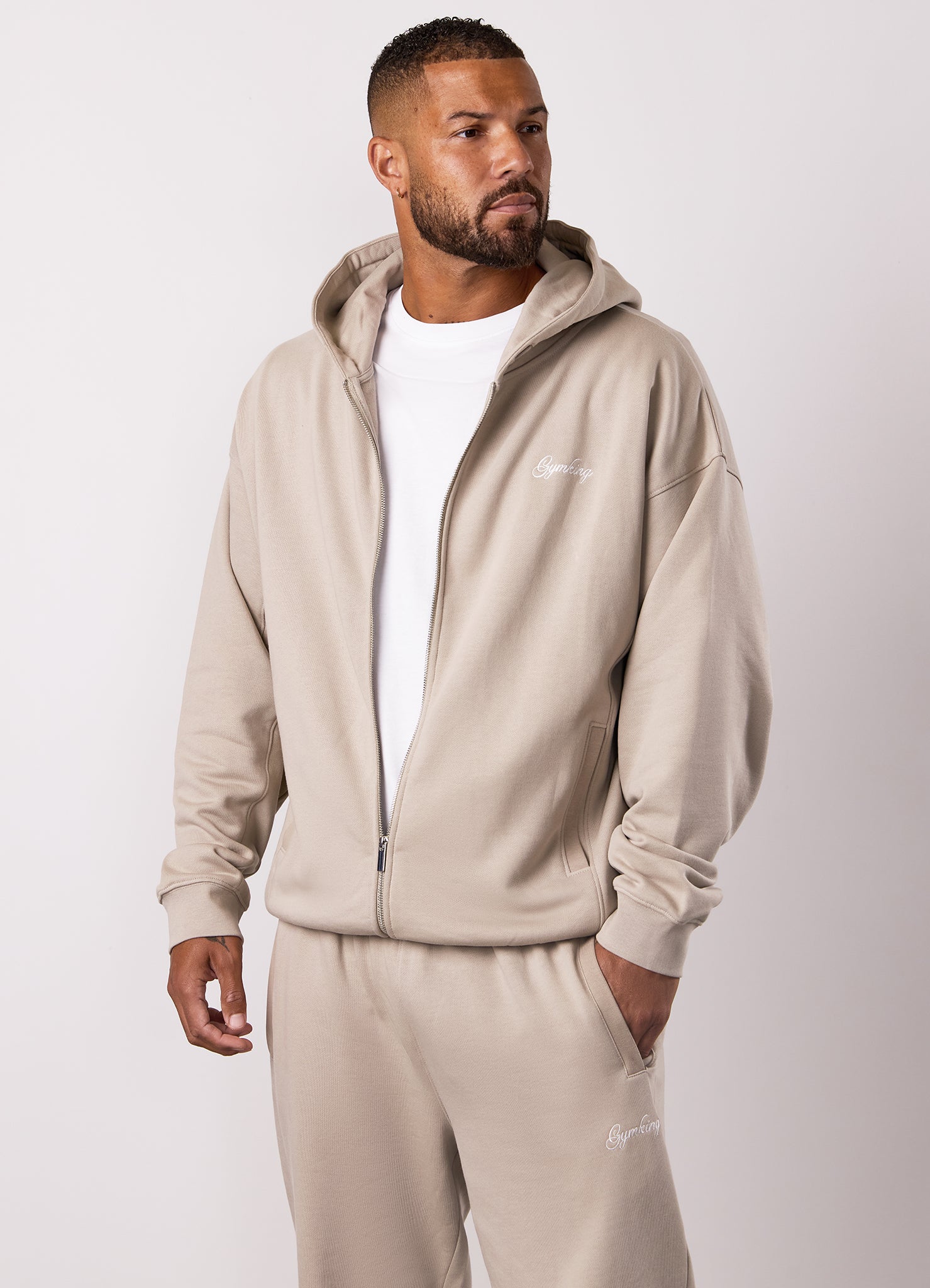 Gym King Script Relaxed Fit Hood Tracksuit - Light Sand