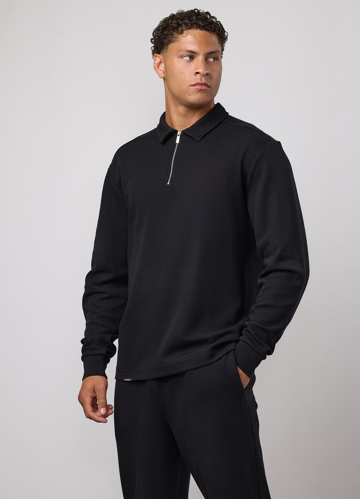 Gym King Signature Waffle Long Sleeve Polo - Black