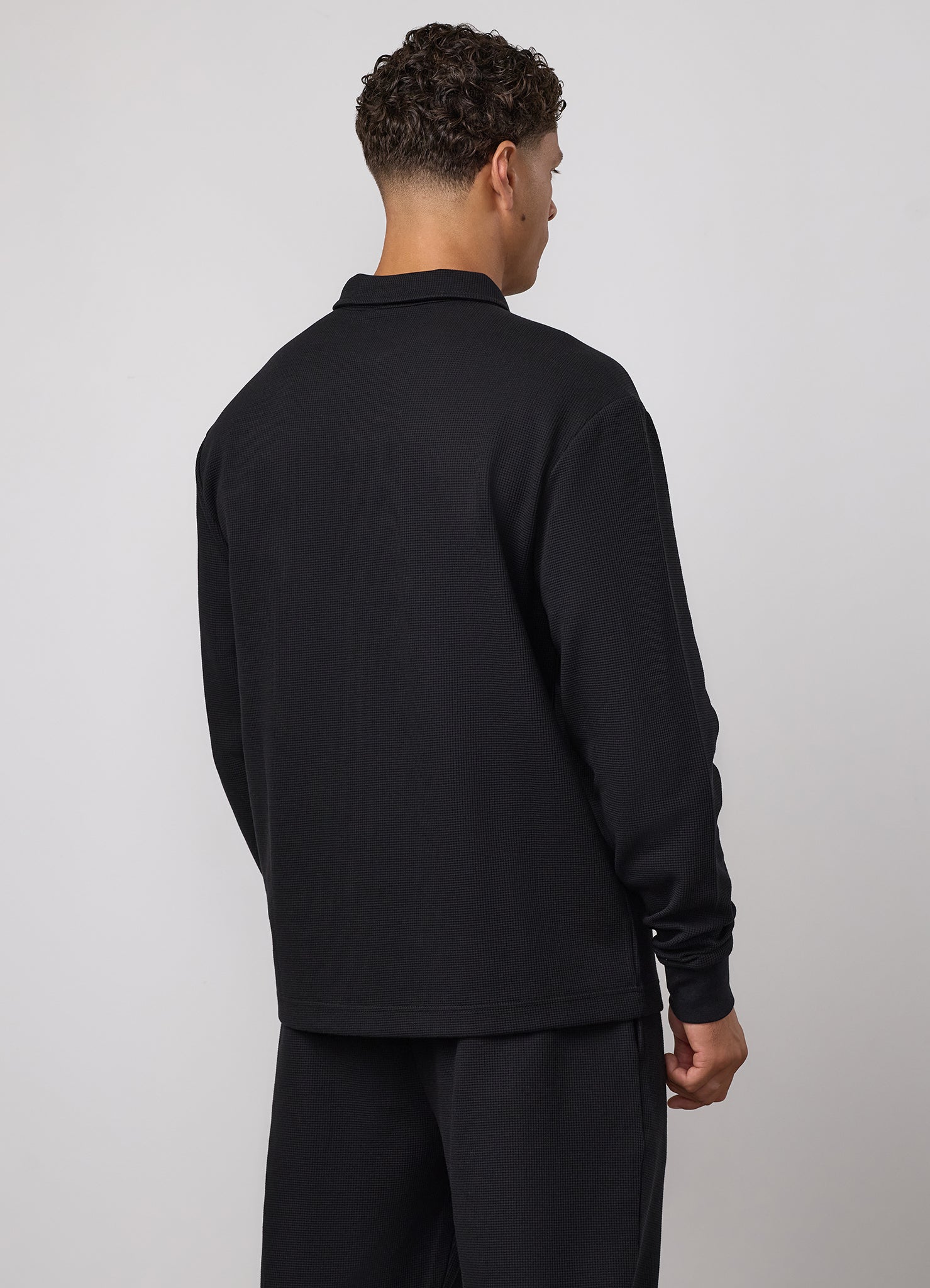 Gym King Signature Waffle Long Sleeve Polo - Black