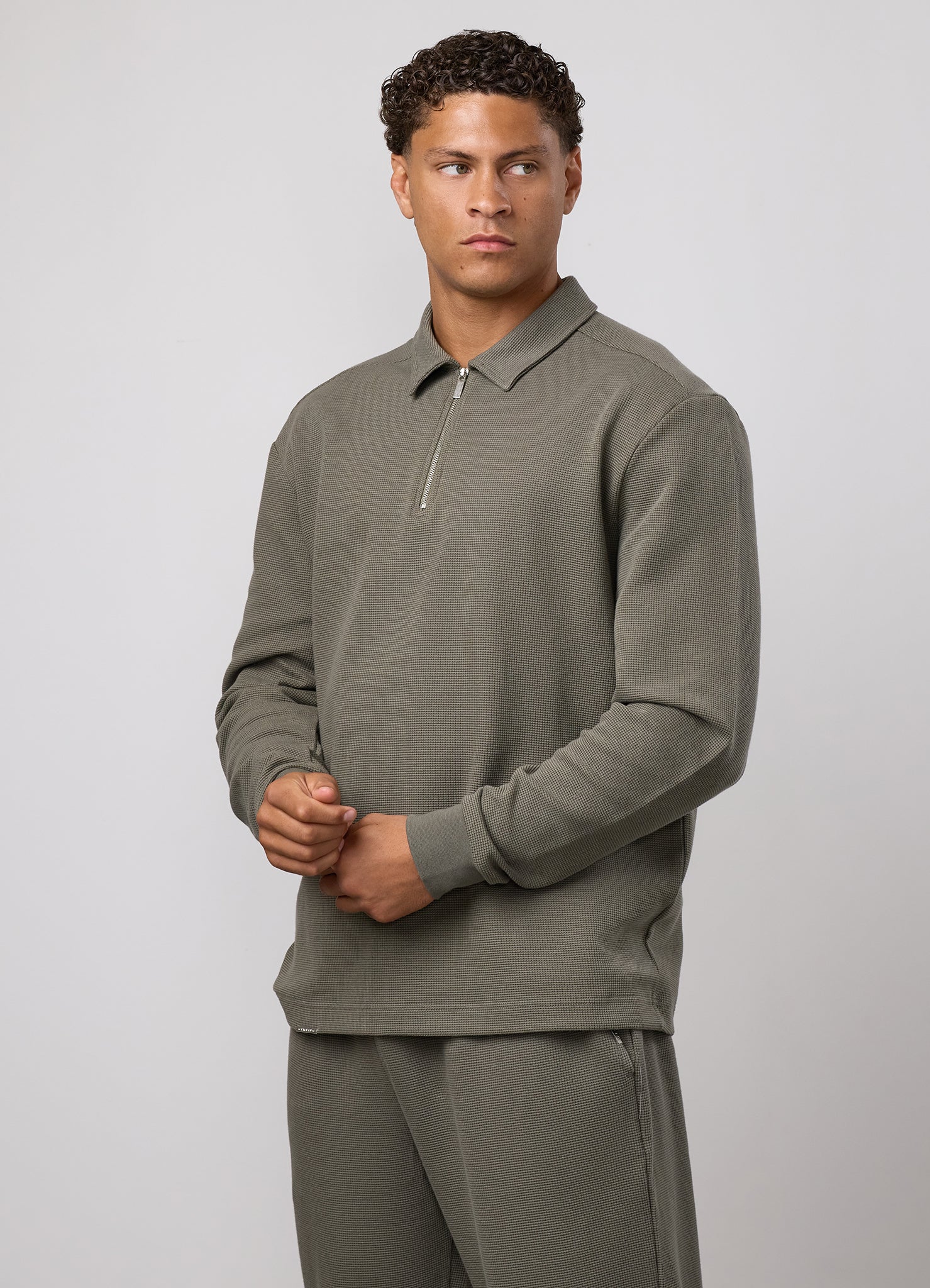 Gym King Signature Waffle Long Sleeve Polo - Olive