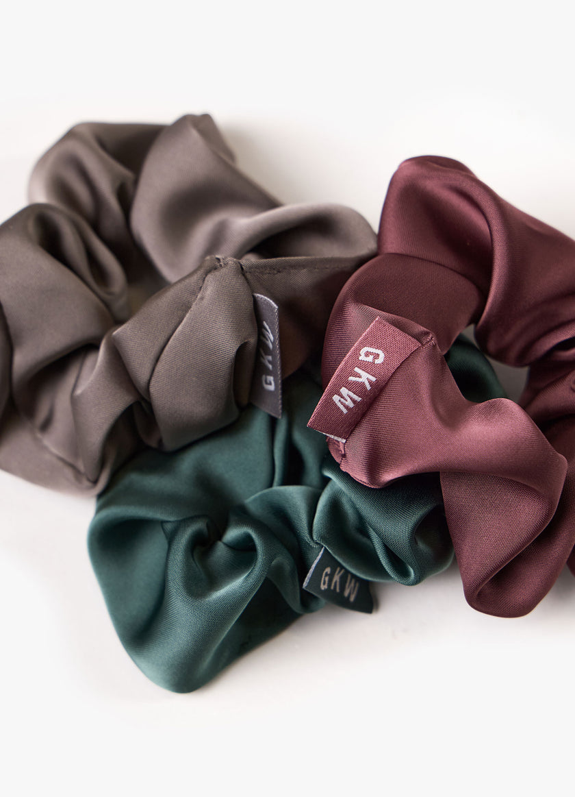 Gym King Satin Scrunchies (3PK) - Brown Plum / Pine Green / Dark Truffle