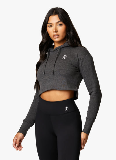 Gym King Sky Fleece Crop Hoodie - Charcoal Marl/White