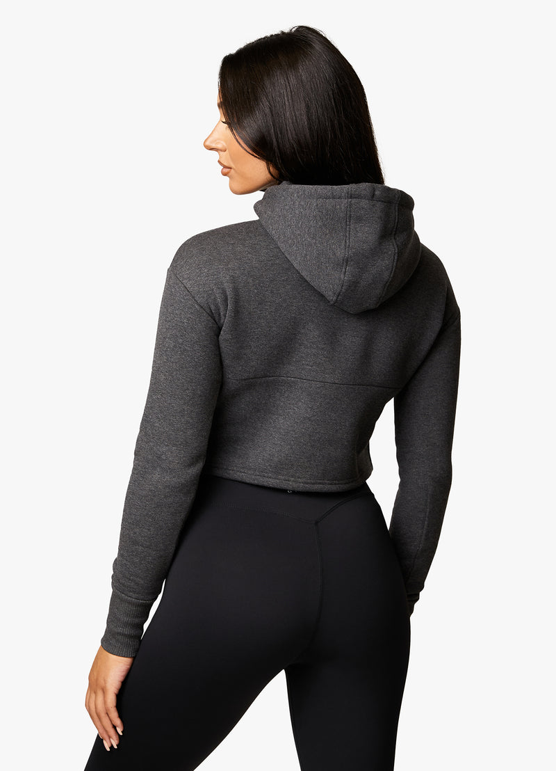 Gym King Sky Fleece Crop Hoodie - Charcoal Marl/White