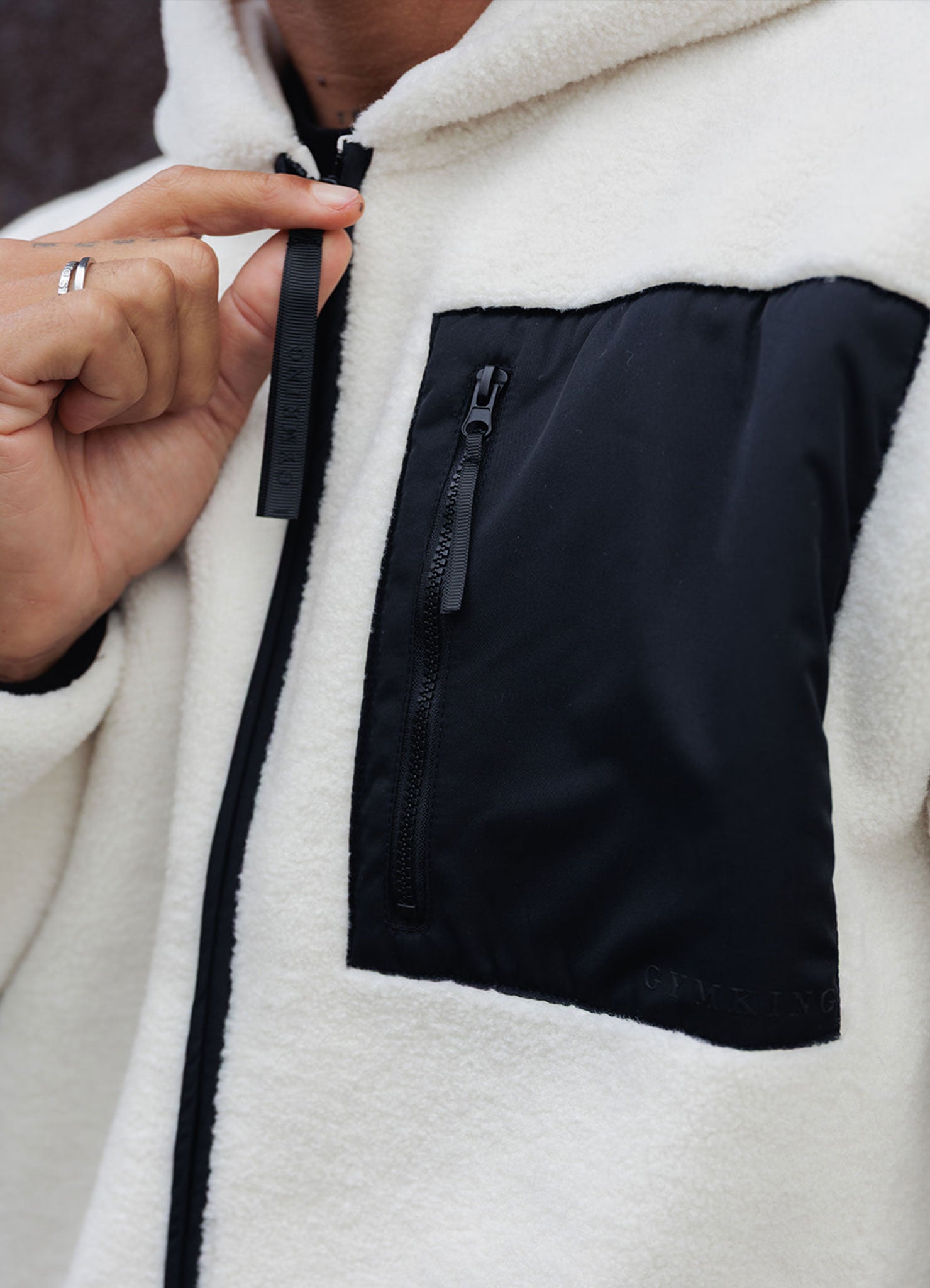 Gym King Linear Full Zip Borg Jacket - Cream