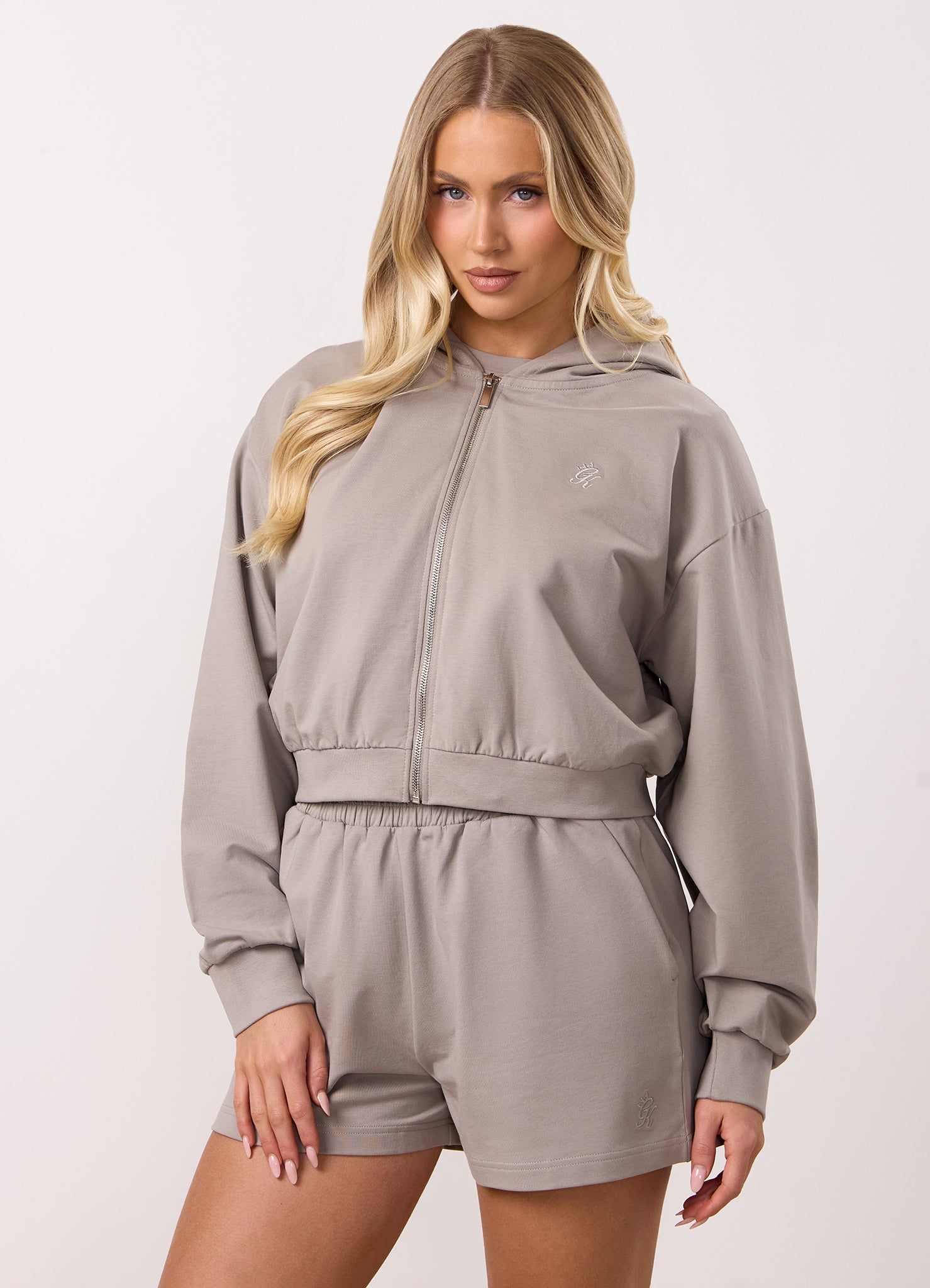 Gym King Victory Loopback Full Zip Crop Hood and Shorts - Taupe