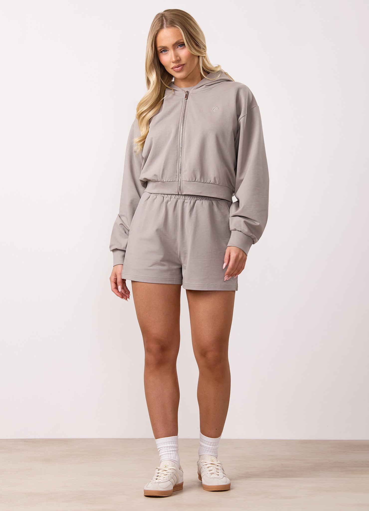 Gym King Victory Loopback Full Zip Crop Hood and Shorts - Taupe