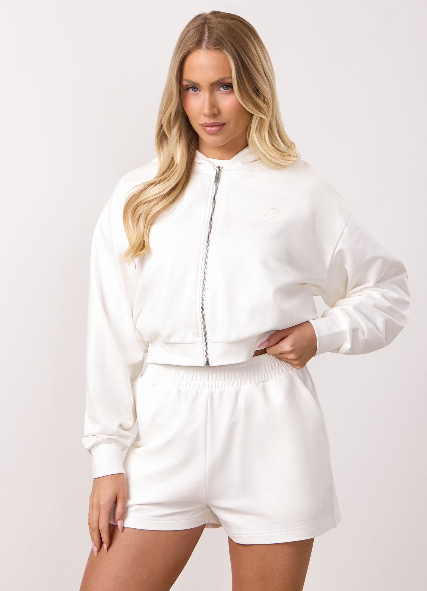 Gym King Victory Loopback Full Zip Crop Hood and Shorts - Cream