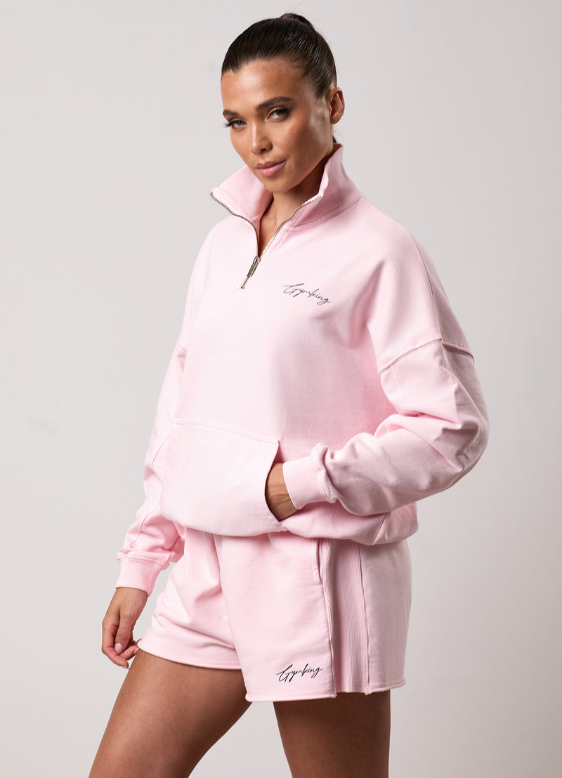 Gym King Washed Reset 1/4 Zip Funnel and Shorts - Pale Mauve