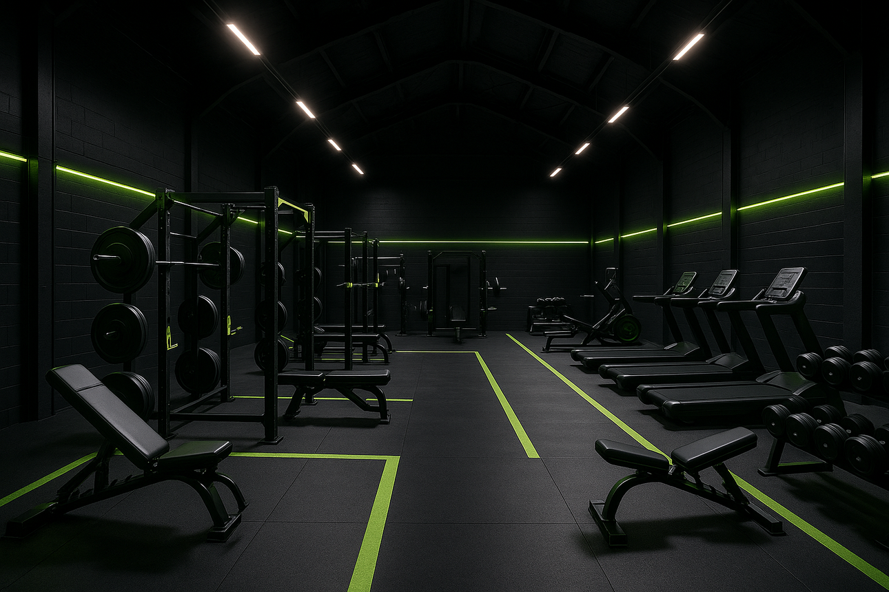 a photo realistic of a modern gym with a black and lime colour scheme located in a large warehouse where the walls and vaulted ceiling all all painted black