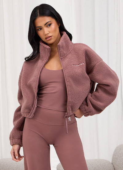 Gym King Linear Cropped Borg Full Zip - Brown Plum