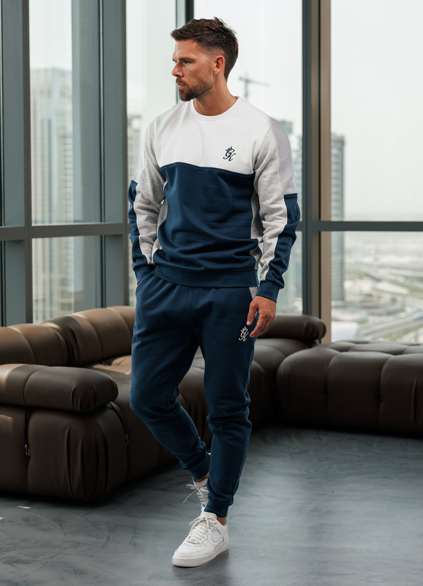Gym King Contrast Panel Crew Tracksuit - Moonlight Blue/Snow Marl