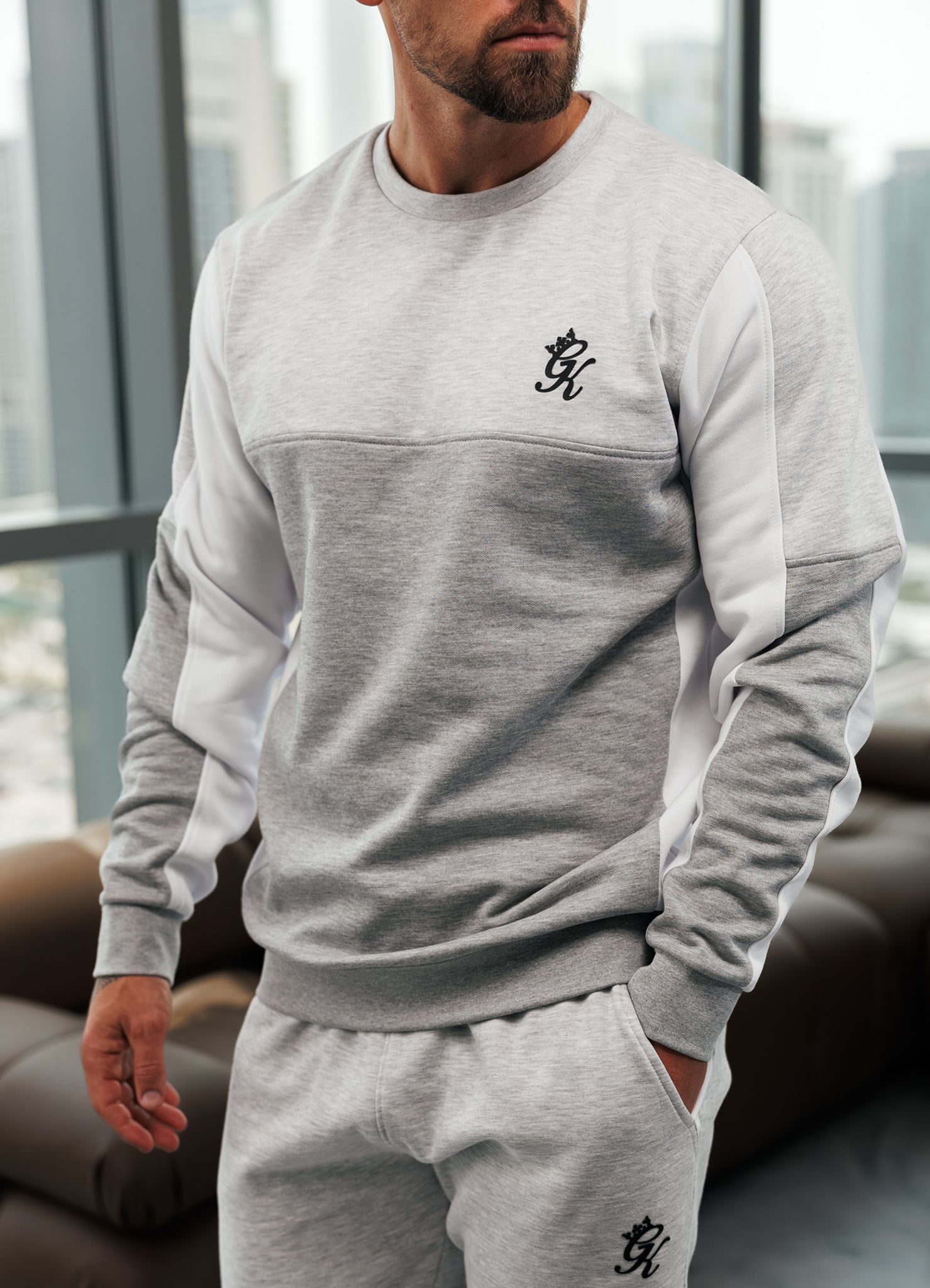 Gym King Contrast Panel Crew - Snow Marl/Grey Marl