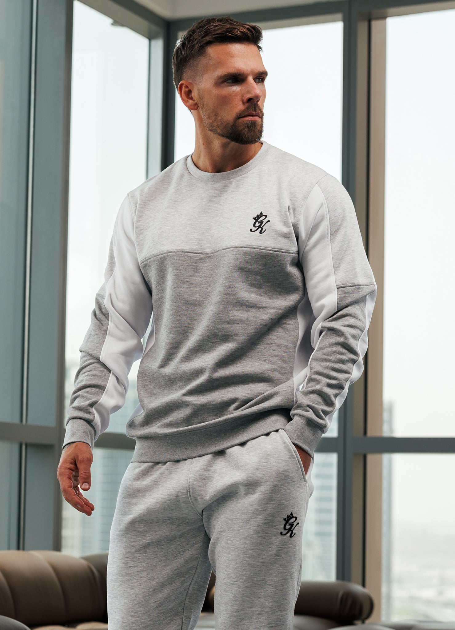 Gym King Contrast Panel Crew Tracksuit - Snow Marl/Grey Marl