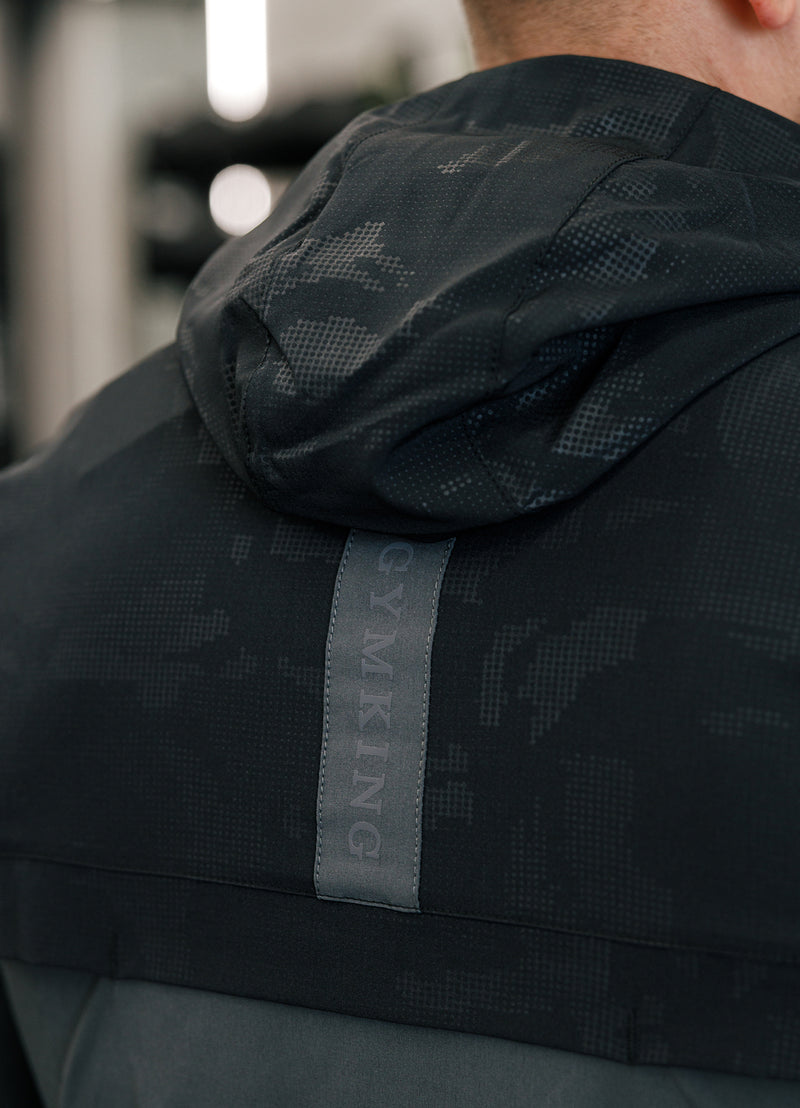 Gym King Debossed Camo Woven FZ Hood - Black/Oyster Grey