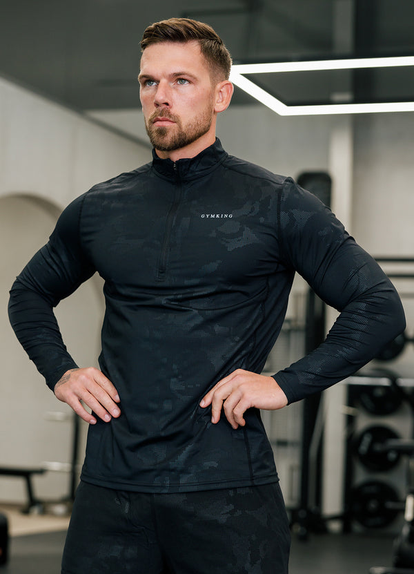 Gym King Debossed Camo 1/4 Zip Funnel - Black