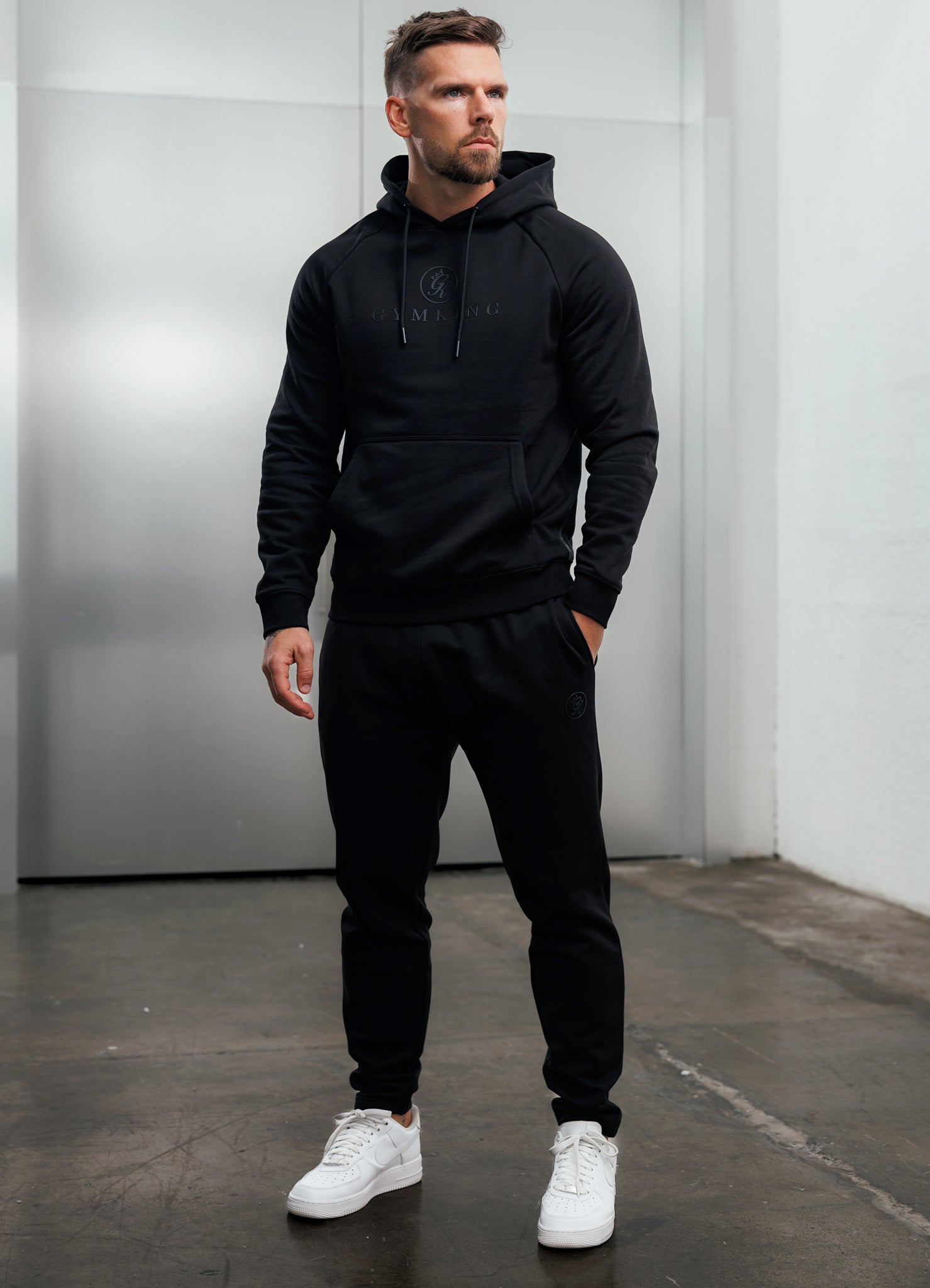 Gym King Pro Logo Fleece Hood Tracksuit - Black/Black