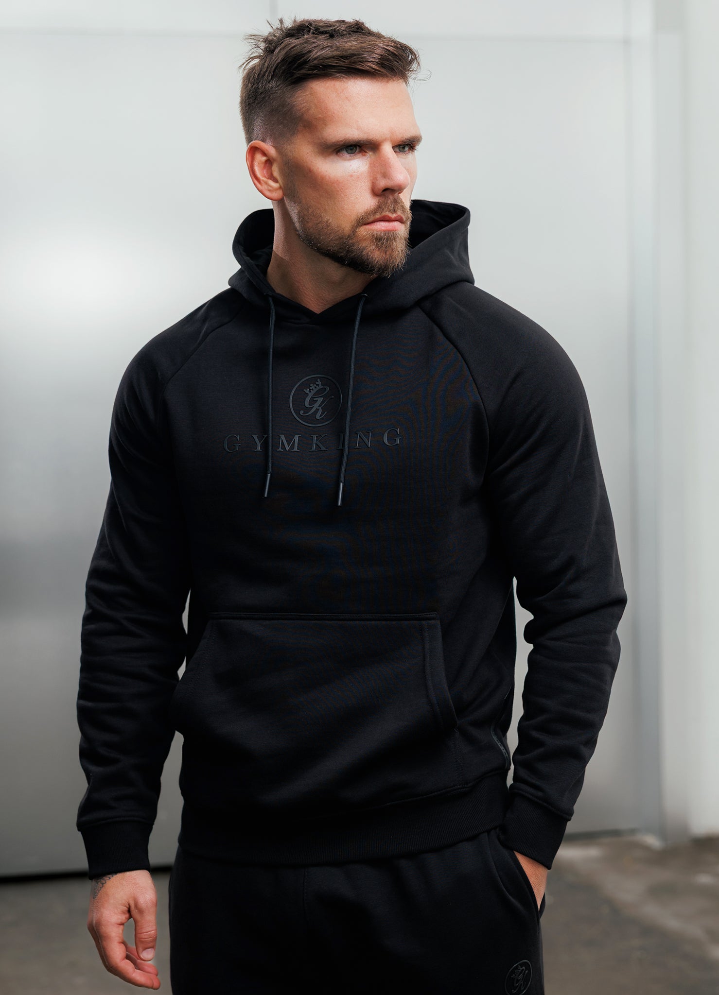 Gym King Pro Logo Fleece Hood Tracksuit - Black/Black