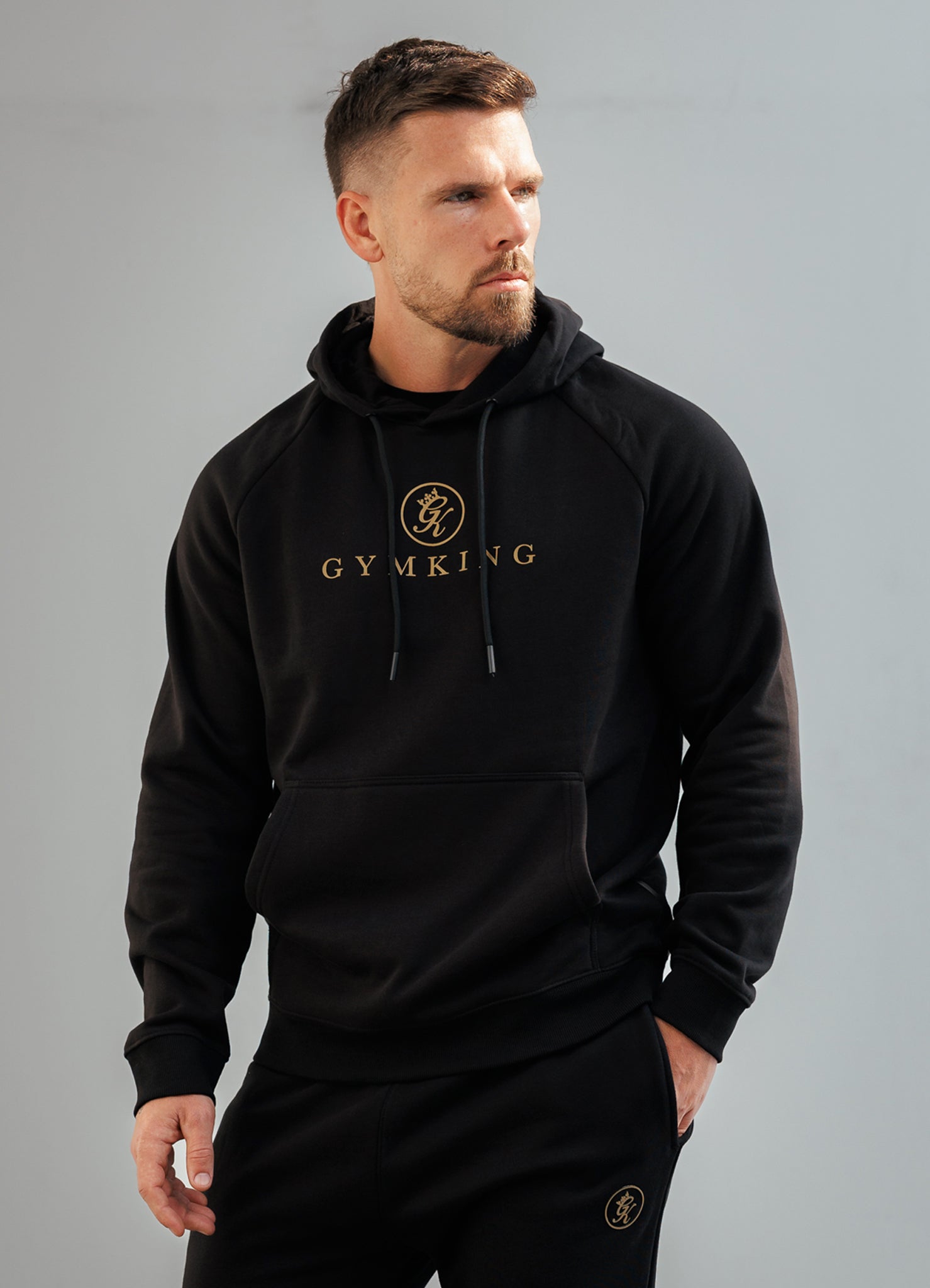 Gym King Pro Logo Fleece Hood Tracksuit - Black/Gold