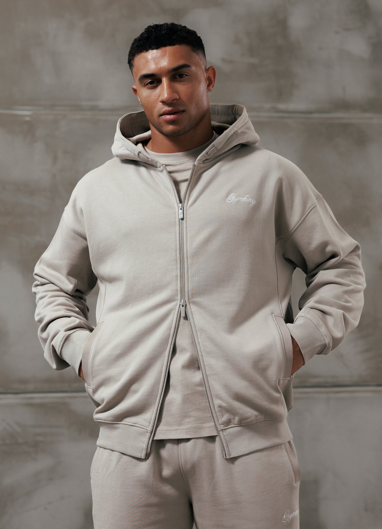 Gym King Script Relaxed Fit Full Zip Hoodie - Light Sand