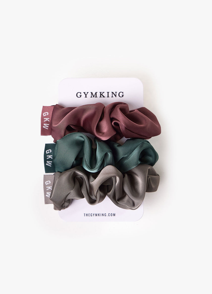 Gym King Satin Scrunchies (3PK) - Brown Plum / Pine Green / Dark Truffle