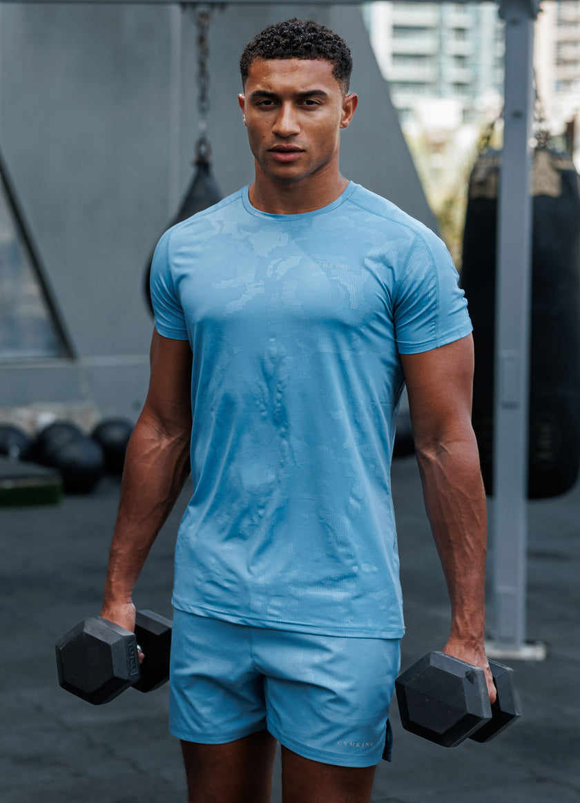 Gym King Debossed Camo SS Tee - Coastal Blue