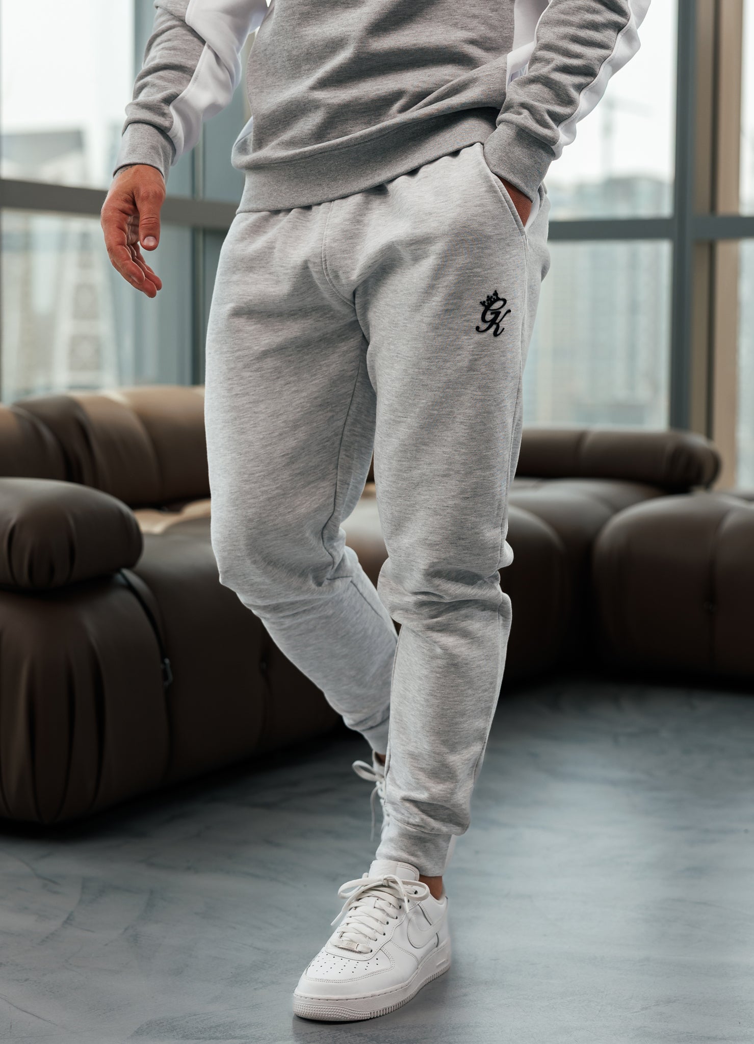 Gym King Contrast Panel Crew Tracksuit - Snow Marl/Grey Marl