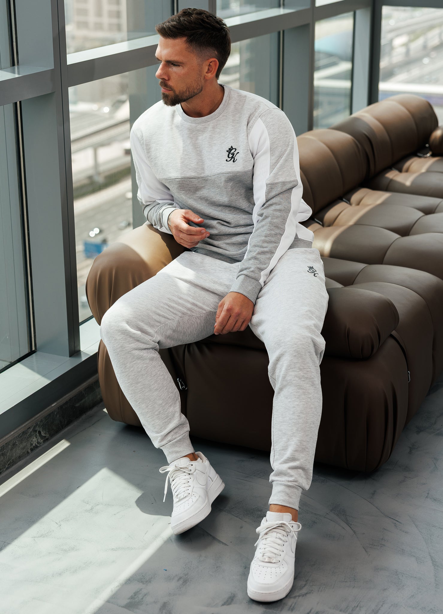 Gym King Contrast Panel Crew Tracksuit - Snow Marl/Grey Marl