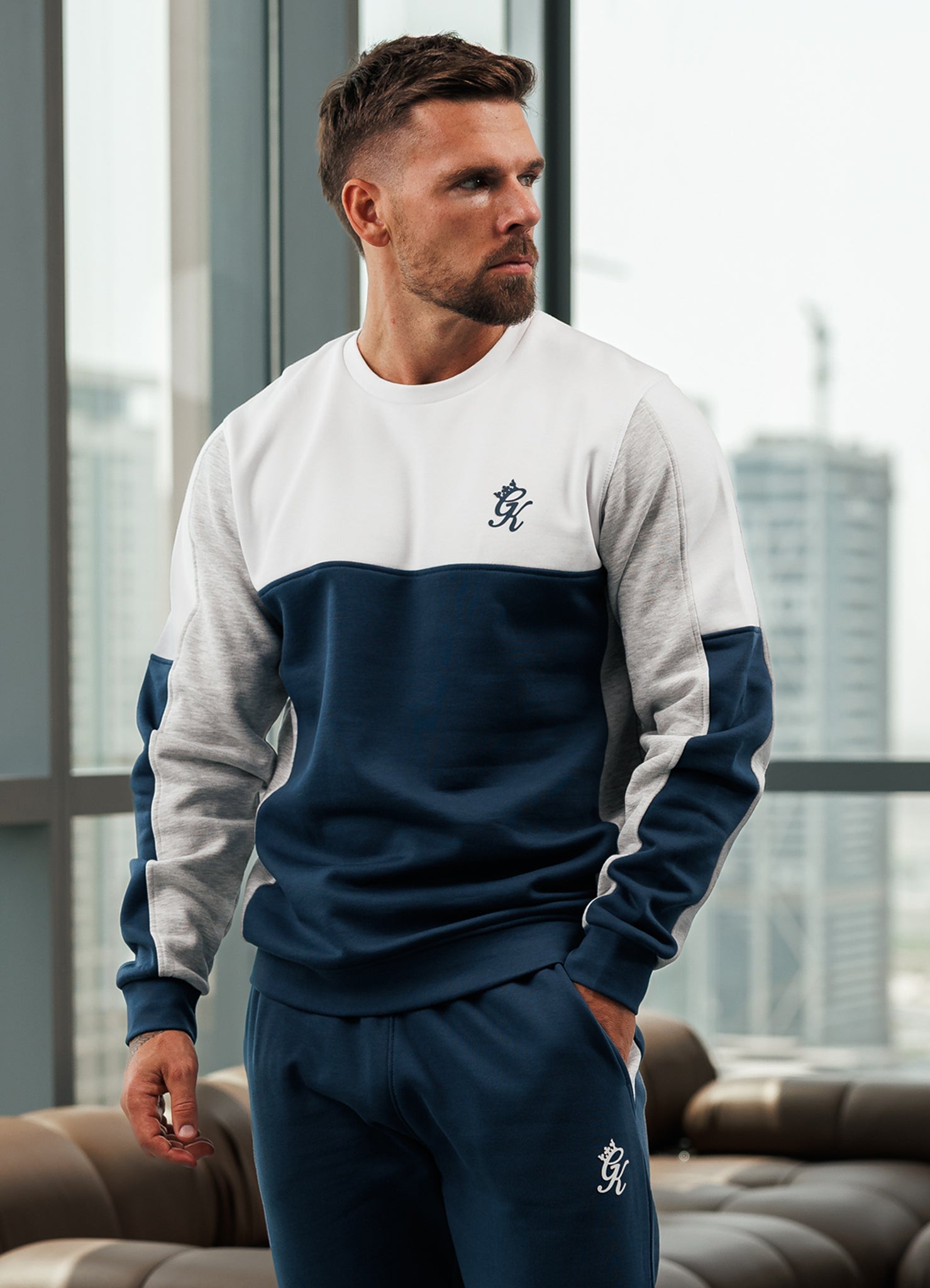 Gym King Contrast Panel Crew - Moonlight Blue/Snow Marl