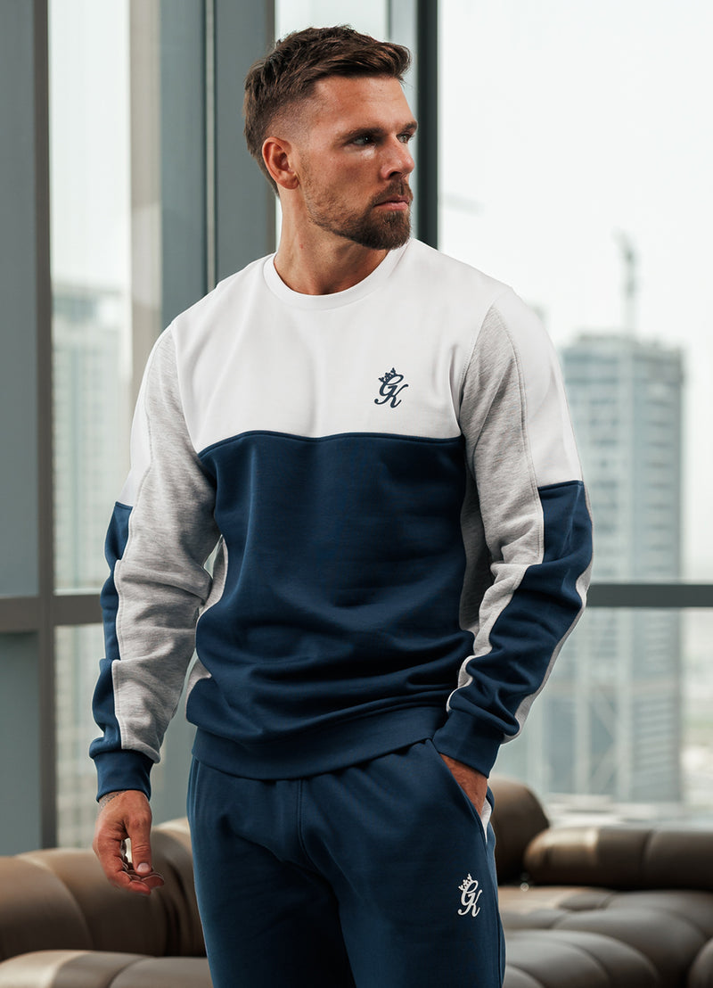 Gym King Contrast Panel Crew Tracksuit - Moonlight Blue/Snow Marl