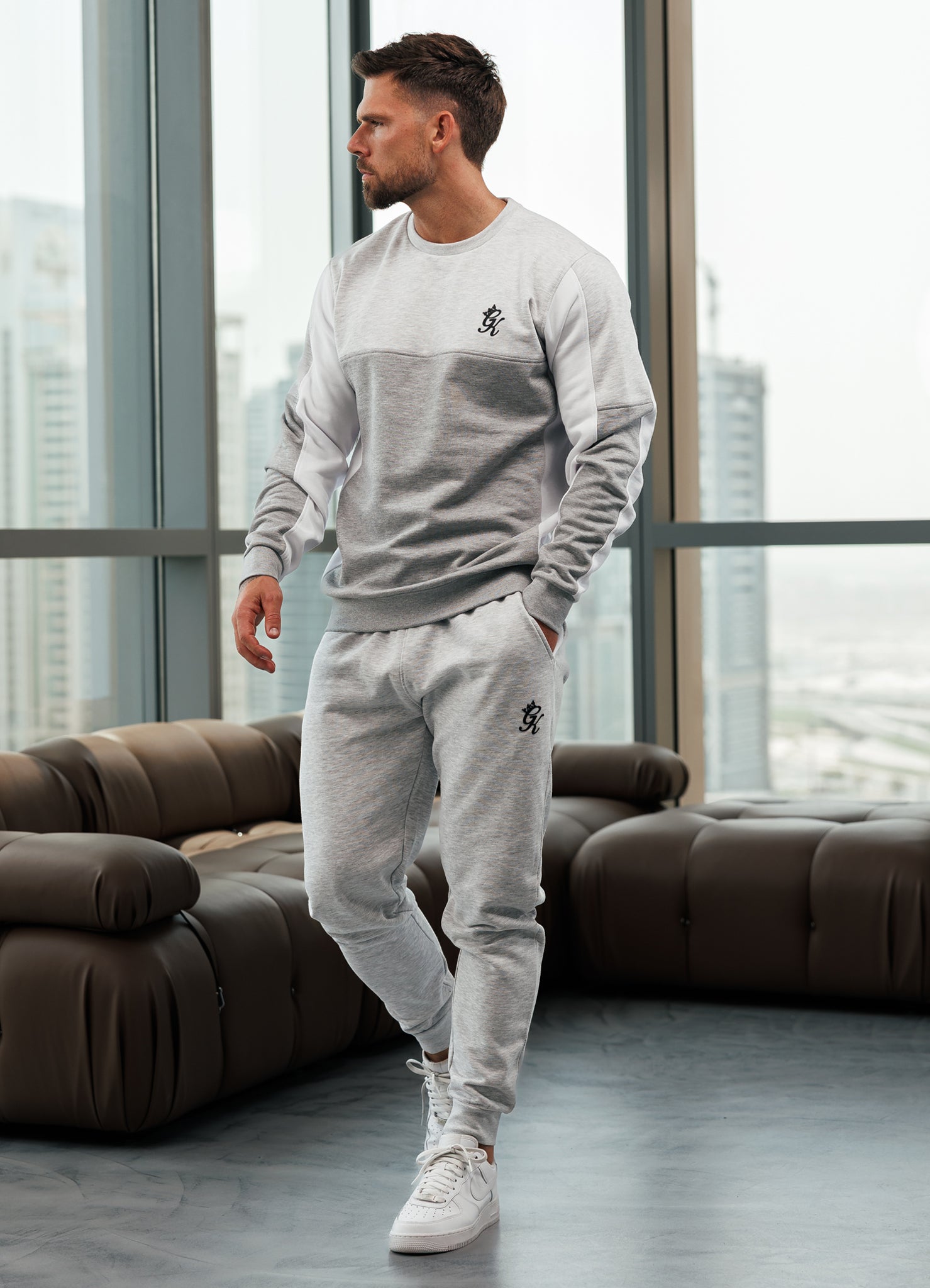 Gym King Contrast Panel Crew Tracksuit - Snow Marl/Grey Marl