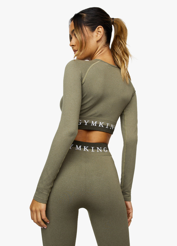 Gym King Seamless Results Long Sleeve Crop - Khaki