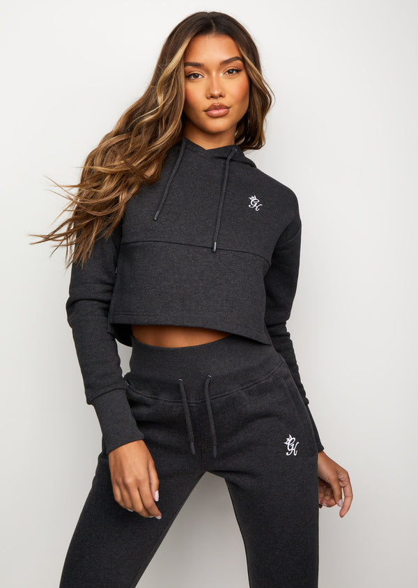 Gym King Sky Fleece Crop Hoodie - Charcoal Marl/White